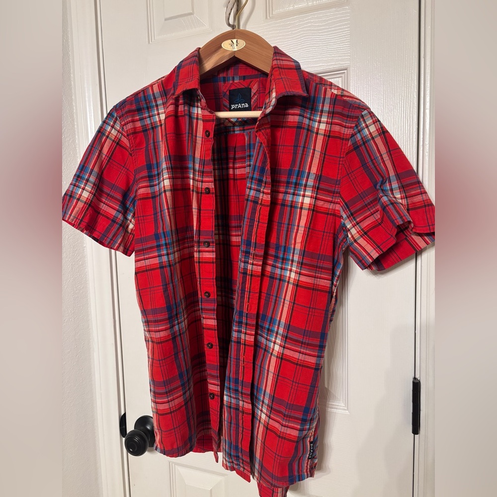Men’s Prana Red and Blue Casual Button Down Shirt